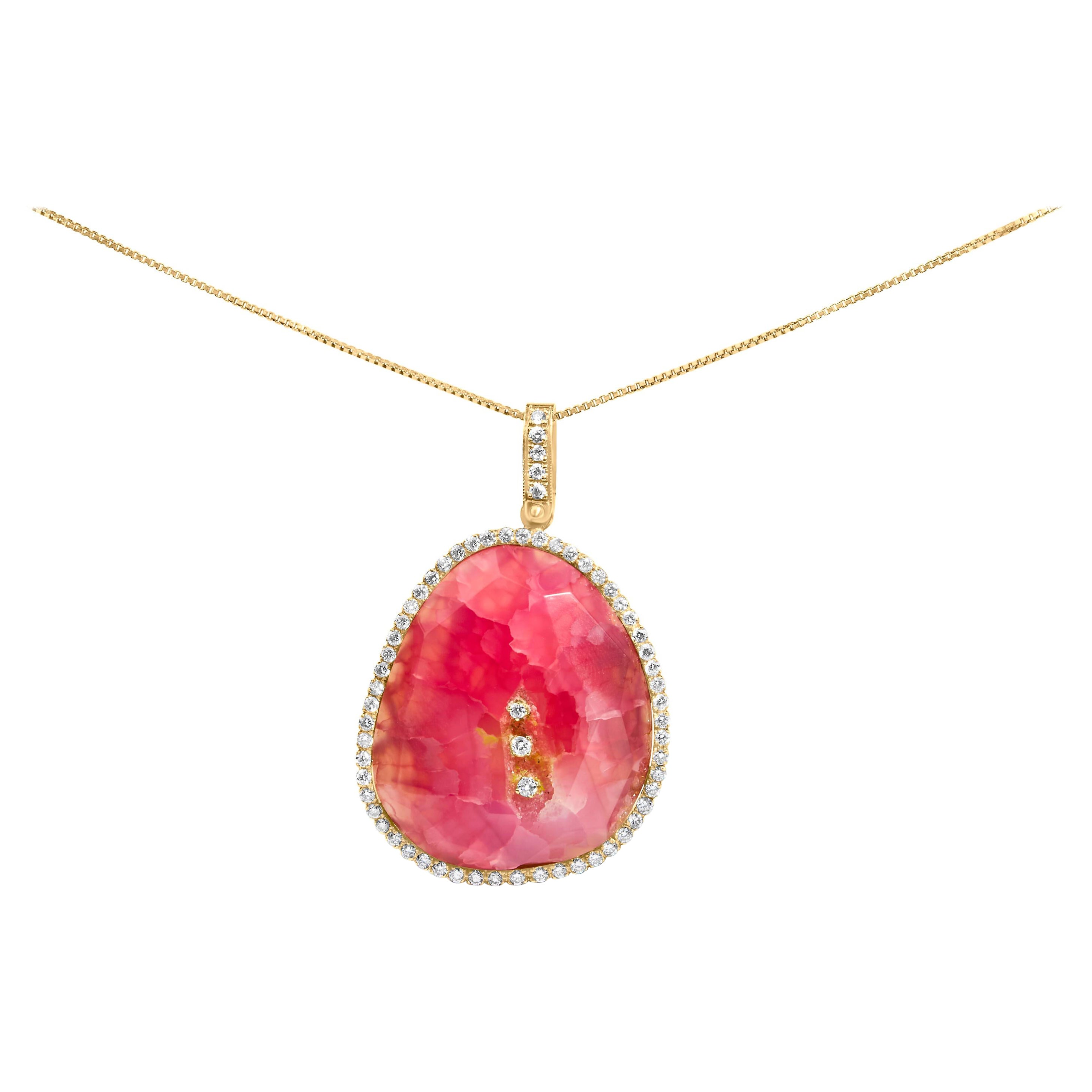 18K Yellow Gold 42.0ct Pink Quartz Crystal Geode, 1.0ct Diamond Pendant Necklace