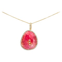 18K Yellow Gold 42.0ct Pink Quartz Crystal Geode, 1.0ct Diamond Pendant Necklace