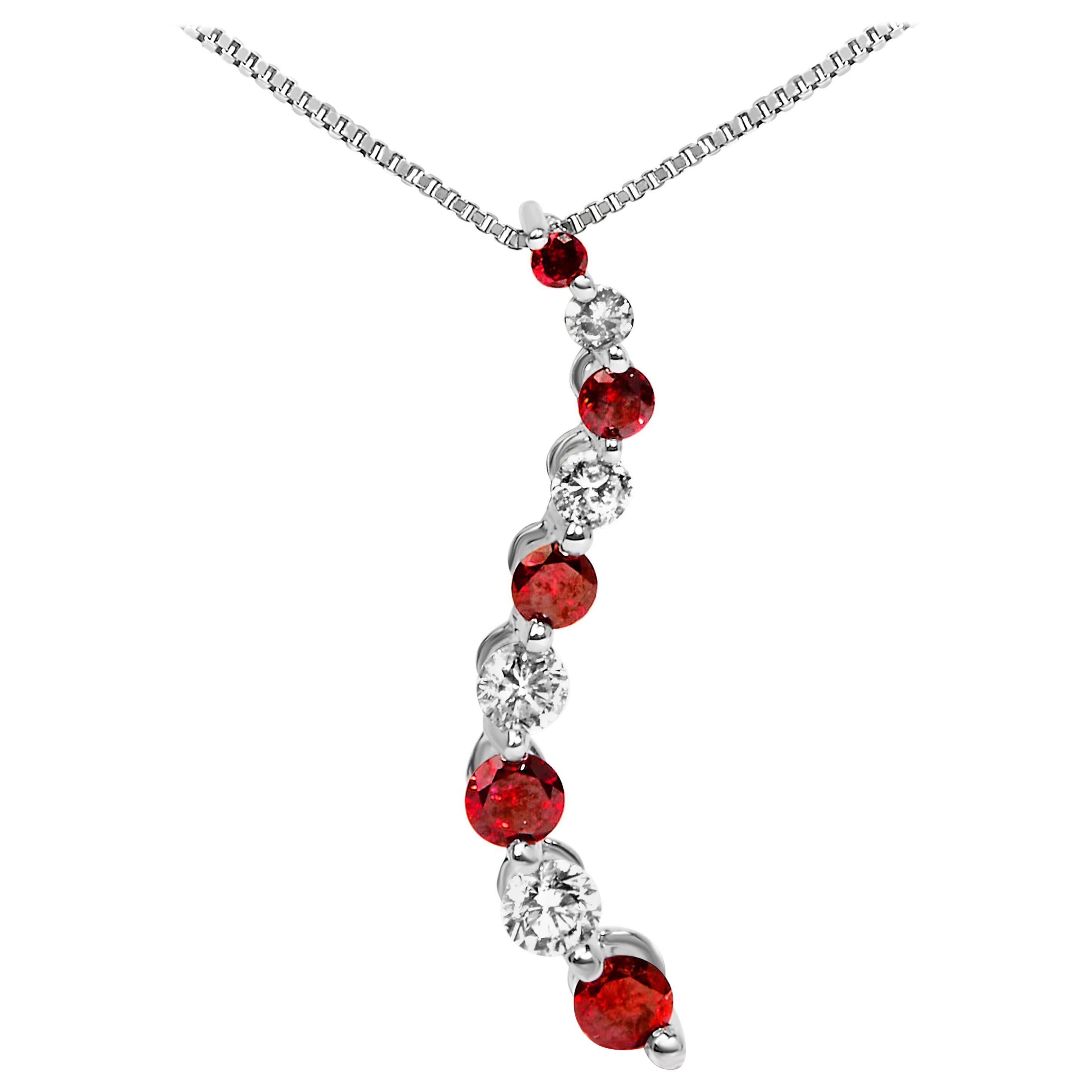14K White Gold 1.0 Cttw Treated Red and White Diamond Journey Pendant Necklace