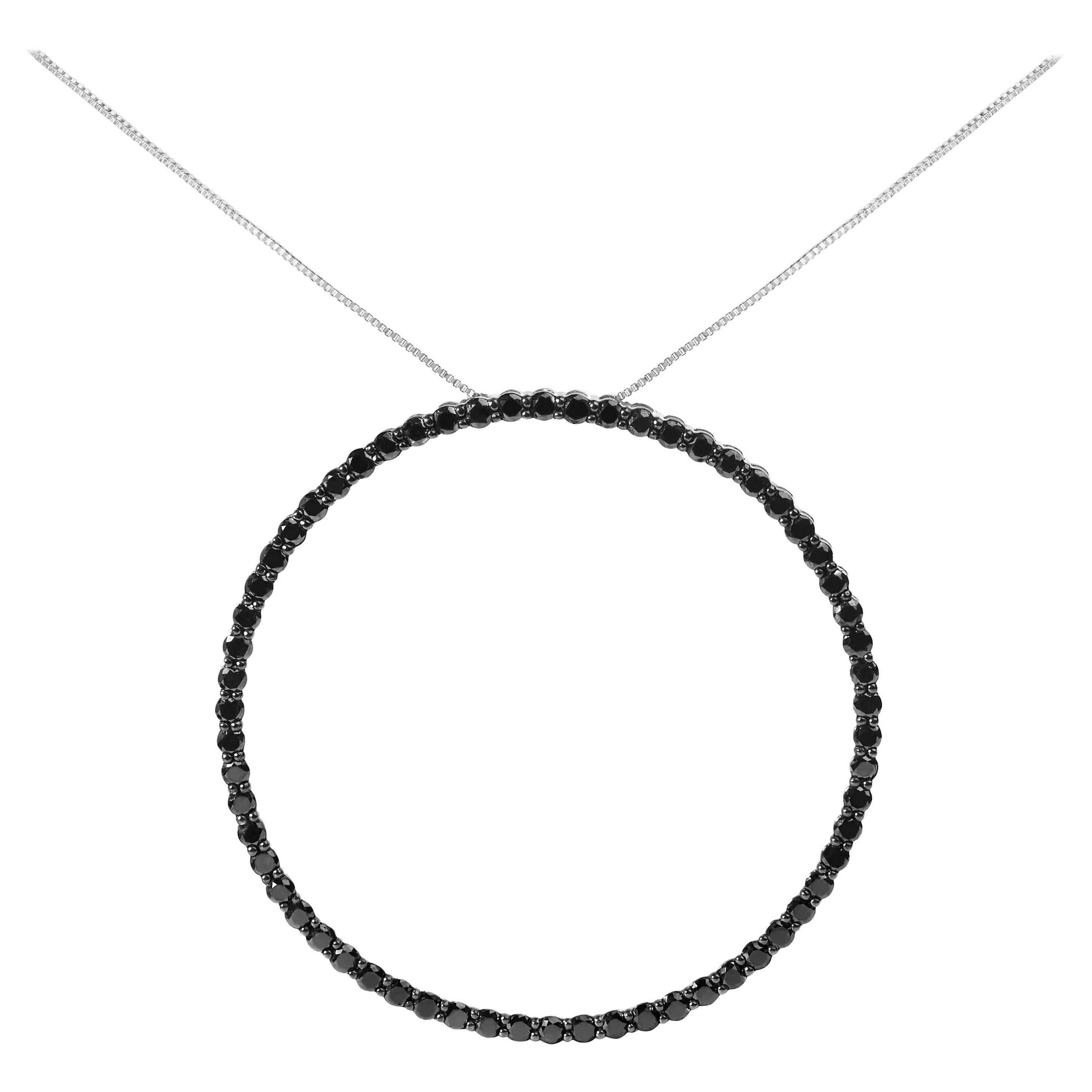 .925 Sterling Silver 5.0 Cttw Black Diamond Open Hoop Circle Pendant Necklace