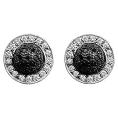18K White Gold 3/4 Cttw Black and White Diamond Dome and Halo Stud Earrings