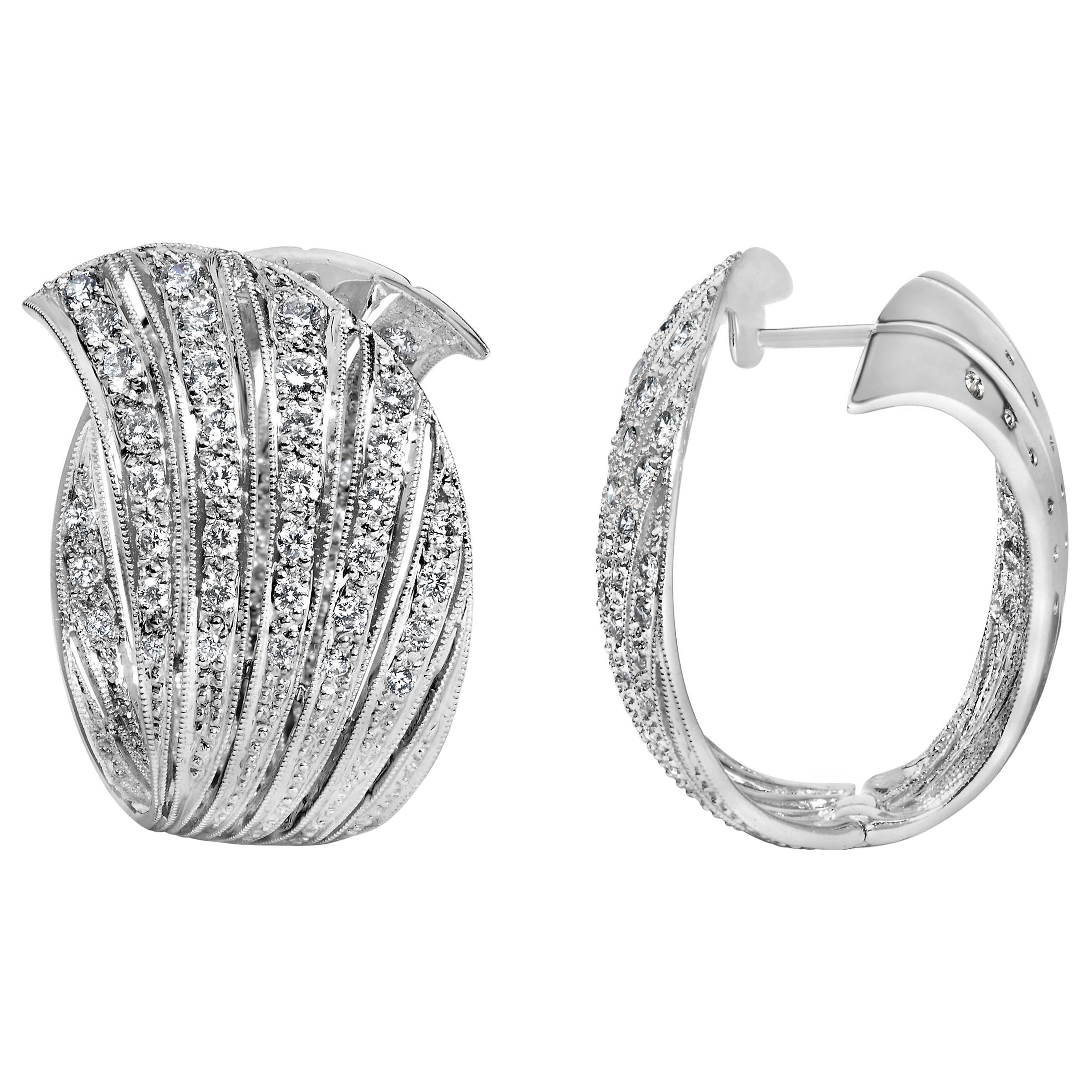 18K White Gold 1 3/5 Pave Set Diamond Curved Silhouette Hoop Earrings