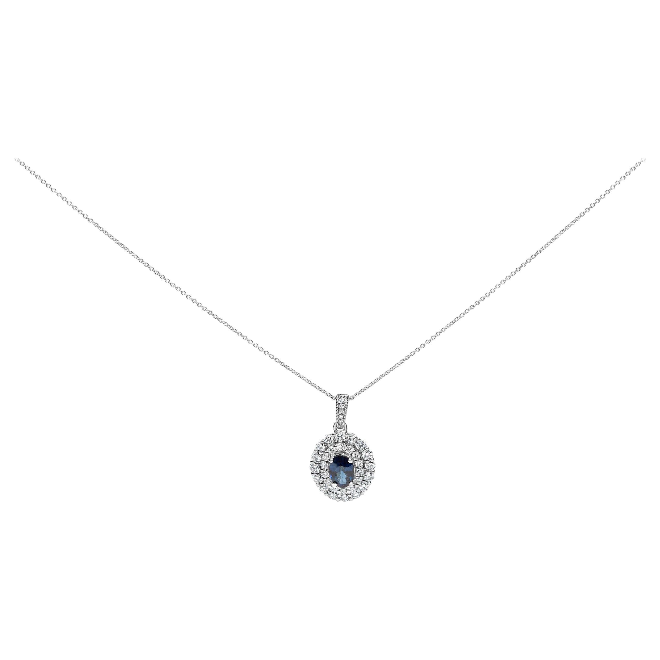 14K White Gold Oval Blue Sapphire and 3/4 Cttw Diamond Fashion Pendant Necklace For Sale