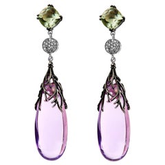 14K White Gold 1/4ct Diamond, Purple Amethyst and Green Quartz Drop Earrings