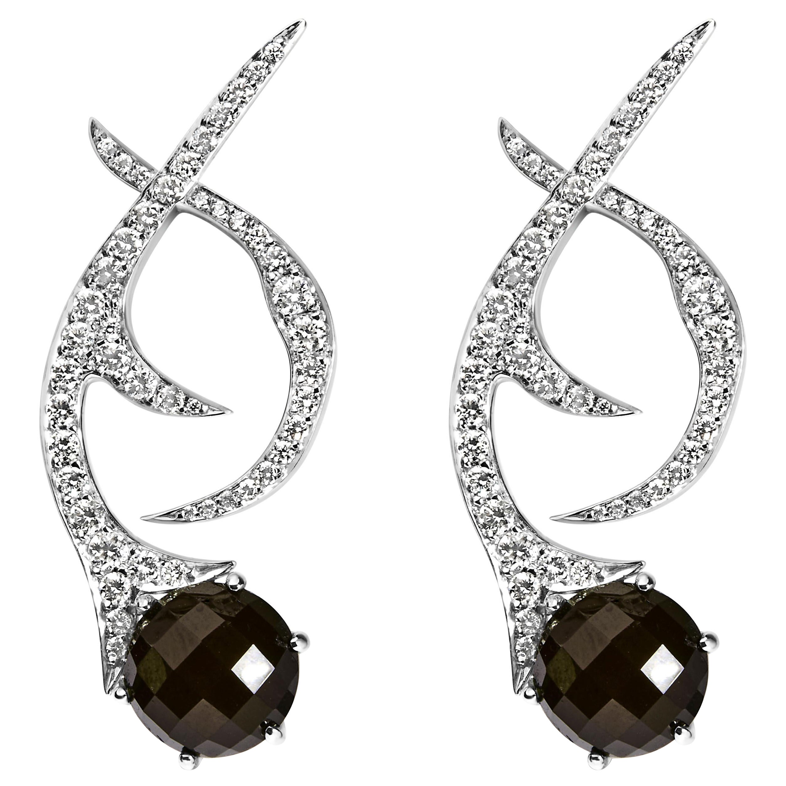 18K White Gold Earrings 1 3/5 Cttw Diamonds and Black Shell Swirl Drop Earrings