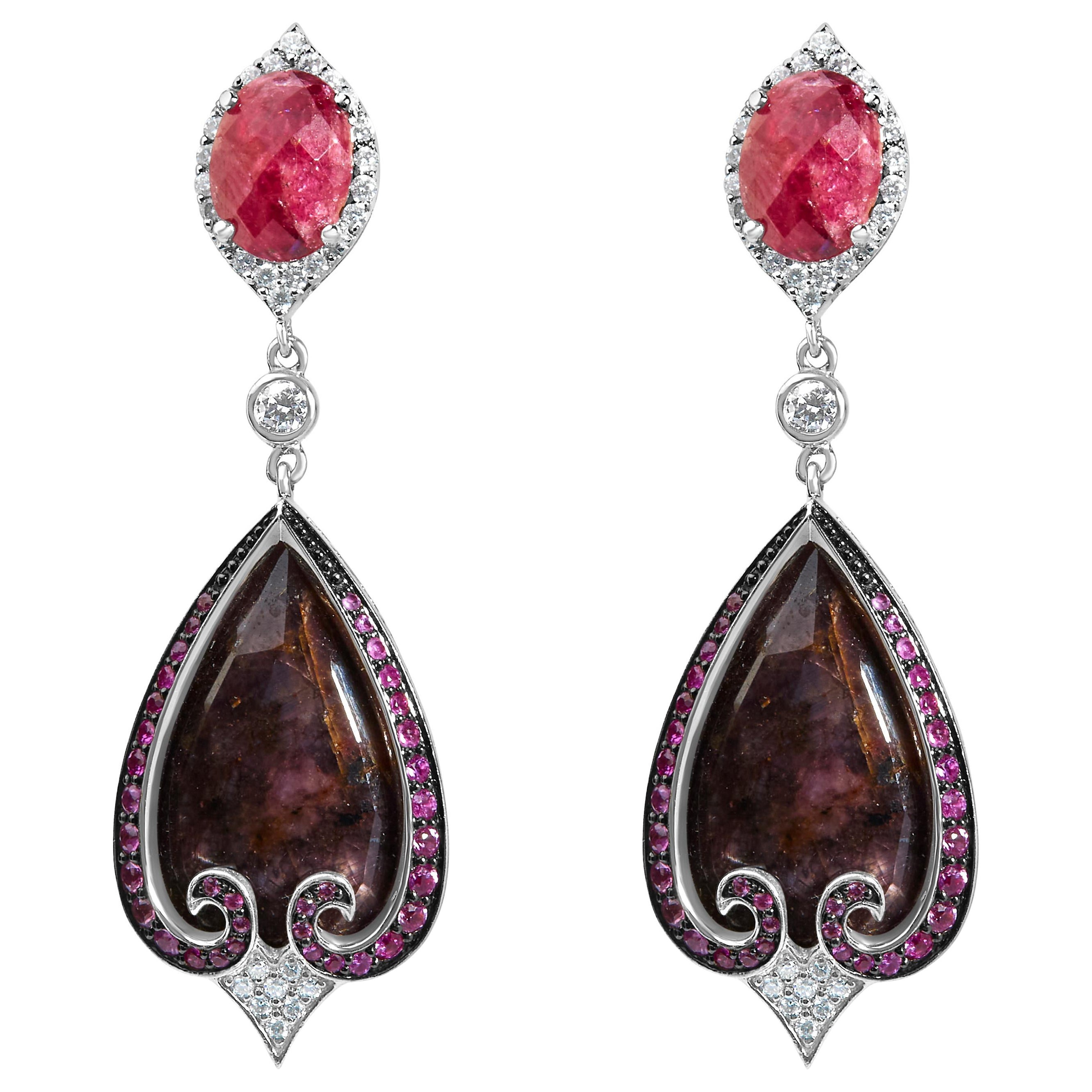 14K White Gold 3/5ct Diamond, Grey-Orange Sapphire, and Pink Spinel Drop Earring For Sale