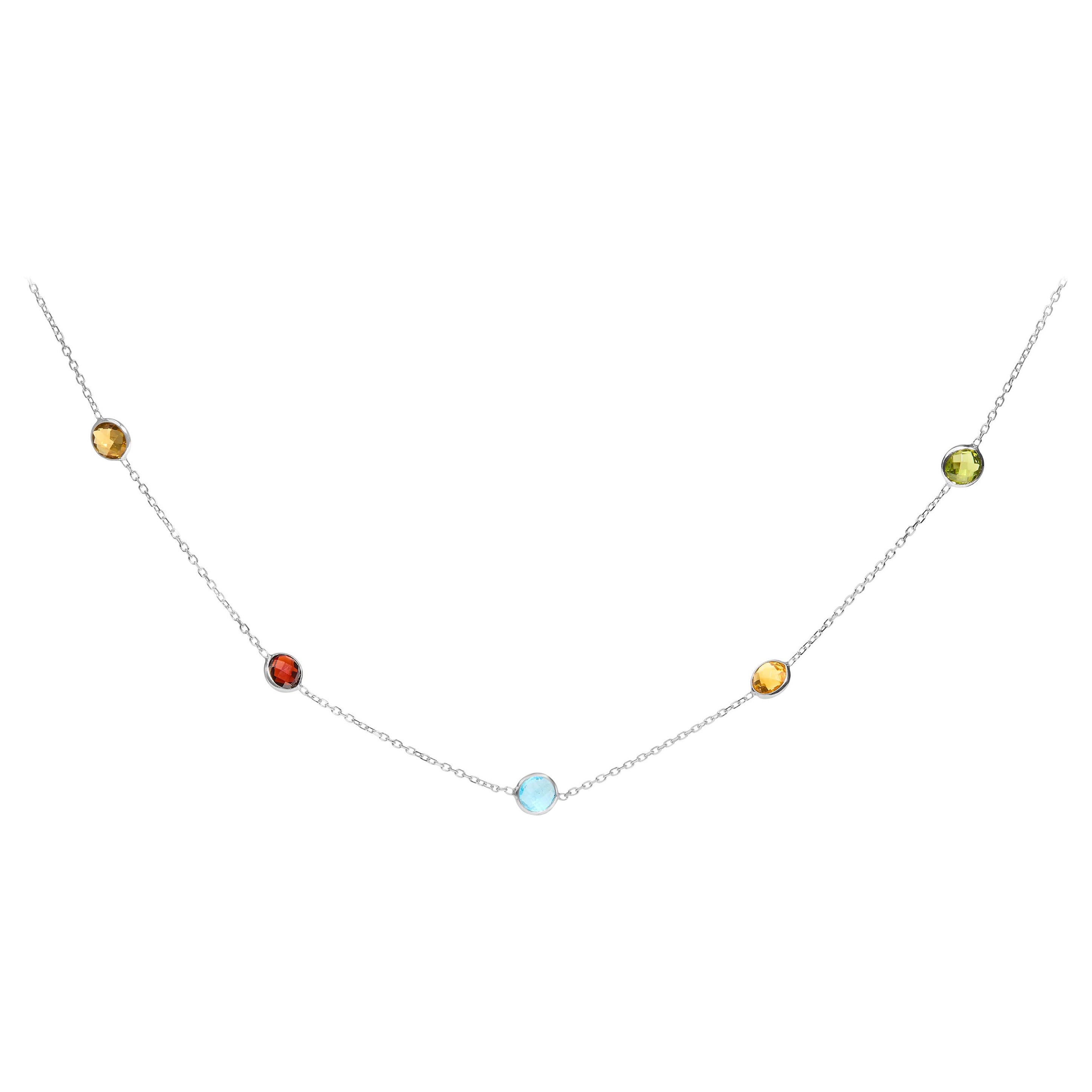 Collana regolabile da 18"-24" con castone in oro bianco 14K con 7 stazioni di gemme miste in vendita