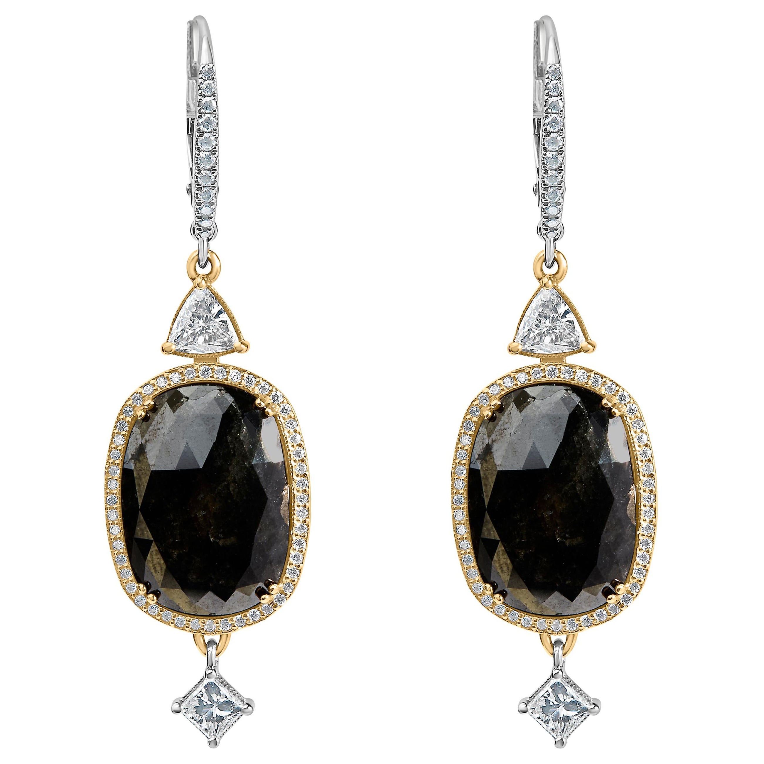 18K White Gold 1.0 Cttw Diamond and Black Onyx Vintage Style Dangle Earrings