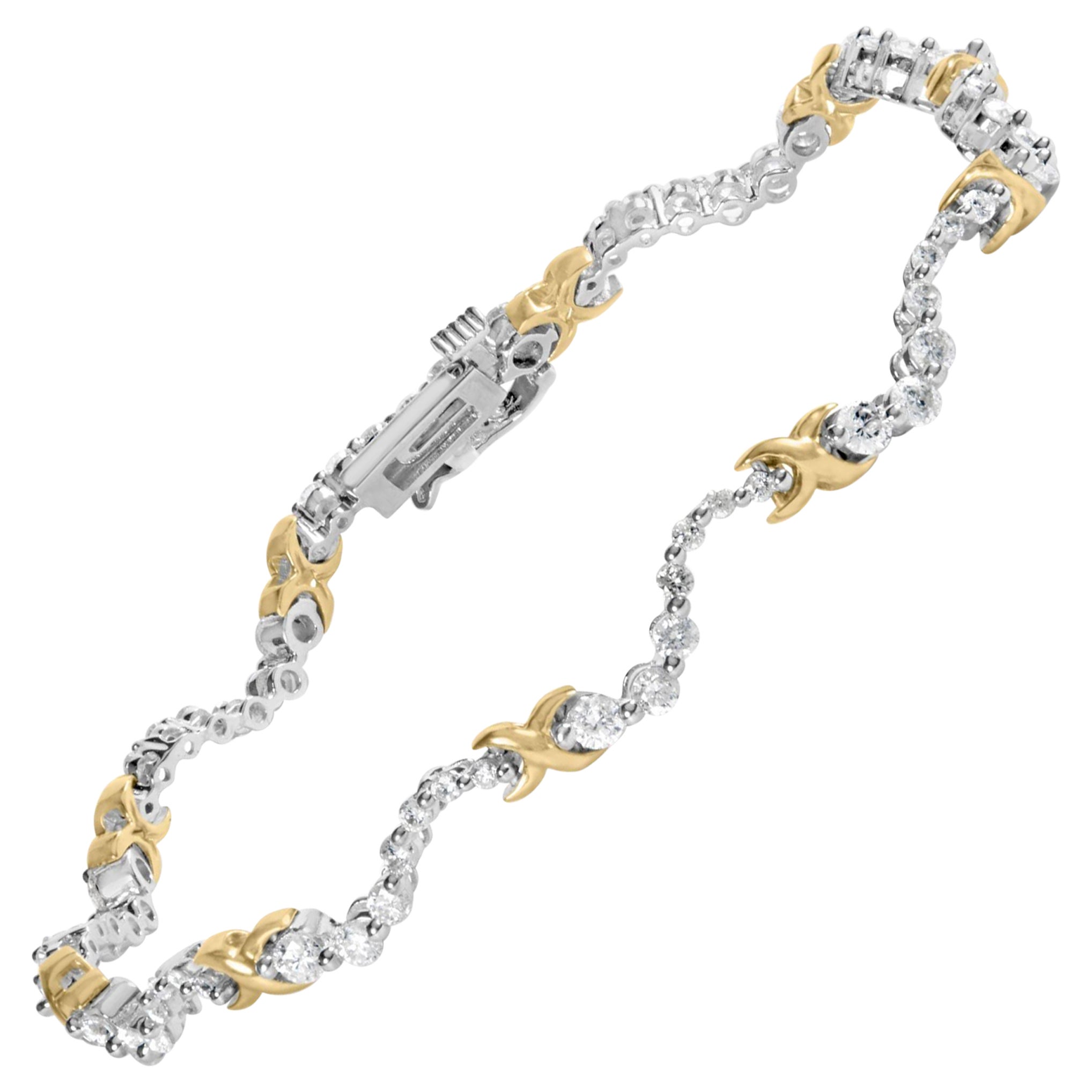10K Two-Tone 2.00 Cttw Diamond "X" and Wave Link Bracelet