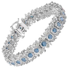 14K White Gold 10.0 Cttw Blue and White Diamond Floral Cluster Link Bracelet