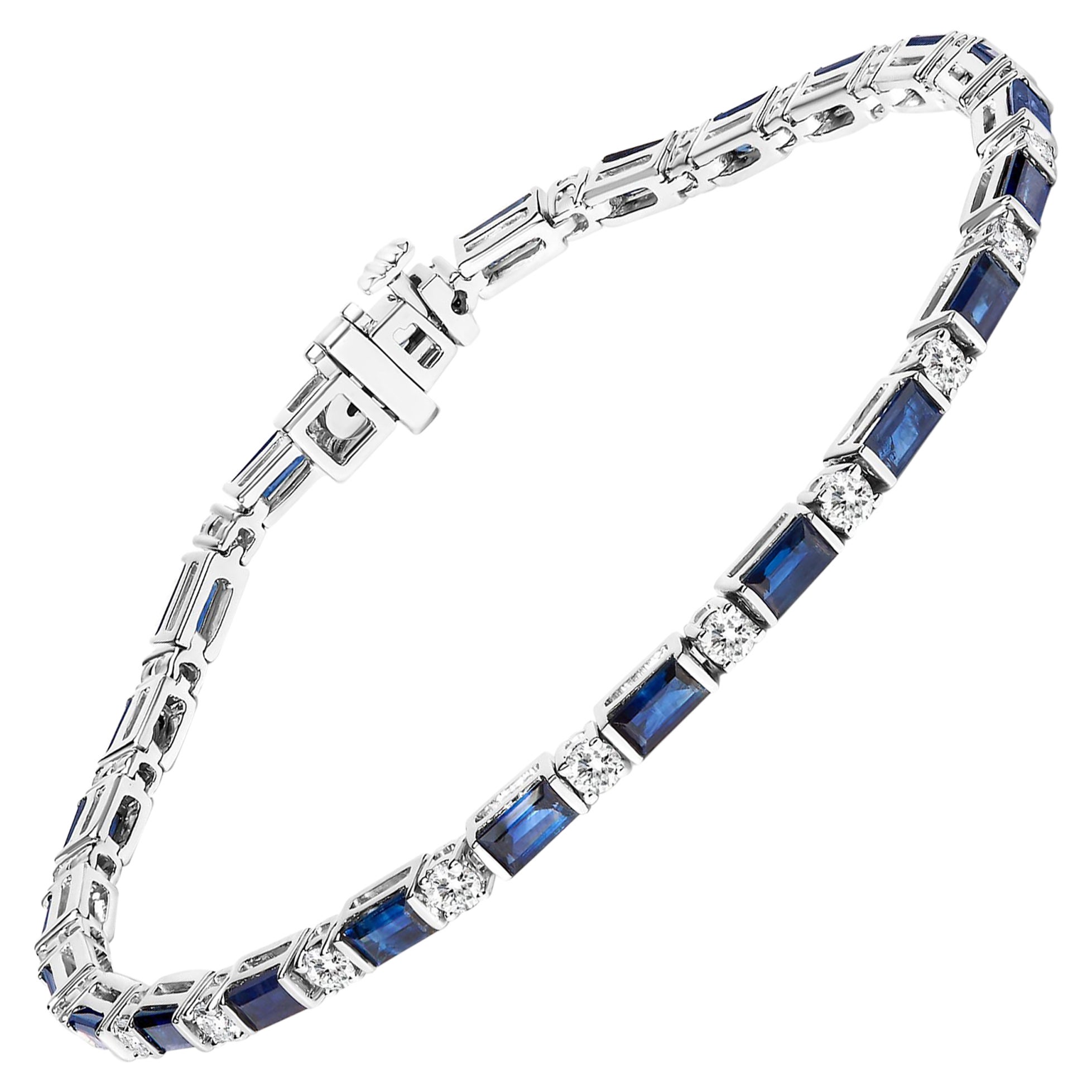 Bracelet tennis à maillons alternés en or blanc 14 carats avec diamants 1 1/10 carat et saphirs bleus
