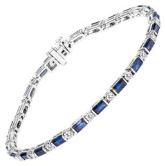 Bracelet tennis à maillons alternés en or blanc 14 carats avec diamants 1 1/10 carat et saphirs bleus