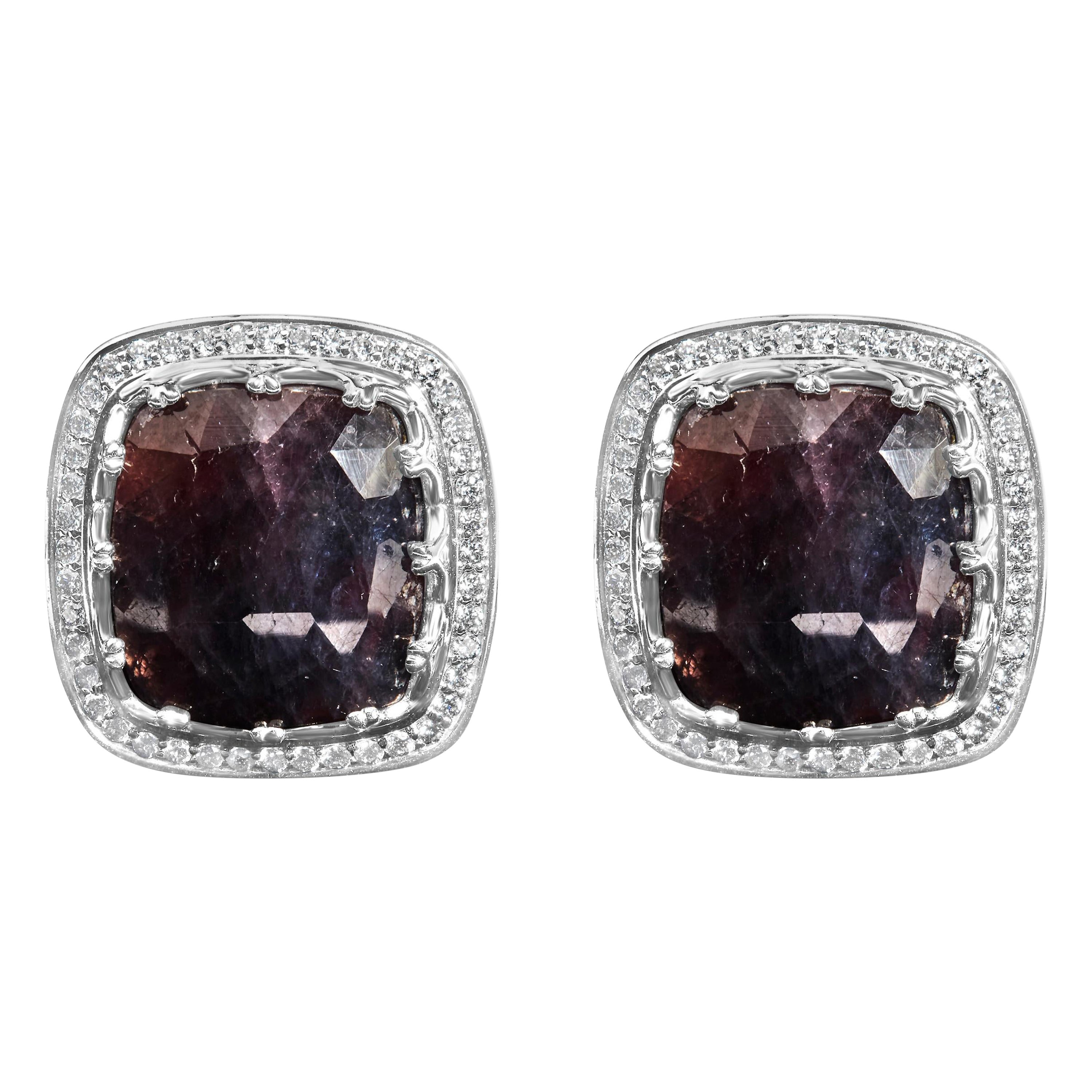 14K White Gold 15x15 Dark Purple Sapphire and 4/5 Cttw Diamond Halo Cufflinks For Sale