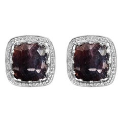 Boutons de manchette en or blanc 14 carats, saphir violet foncé 15 x 15 et halo de diamants 4/5 carats