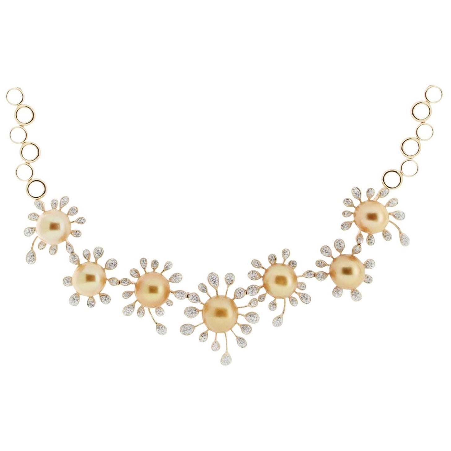 Art Deco 12-13mm Golden South Sea Pearl & Diamond Necklace in 18K Yellow Gold