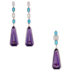 Conjunto de Pendientes y Colgante de Amatista, Turquesa, MOP y Diamante en Oro Rosa de 14k