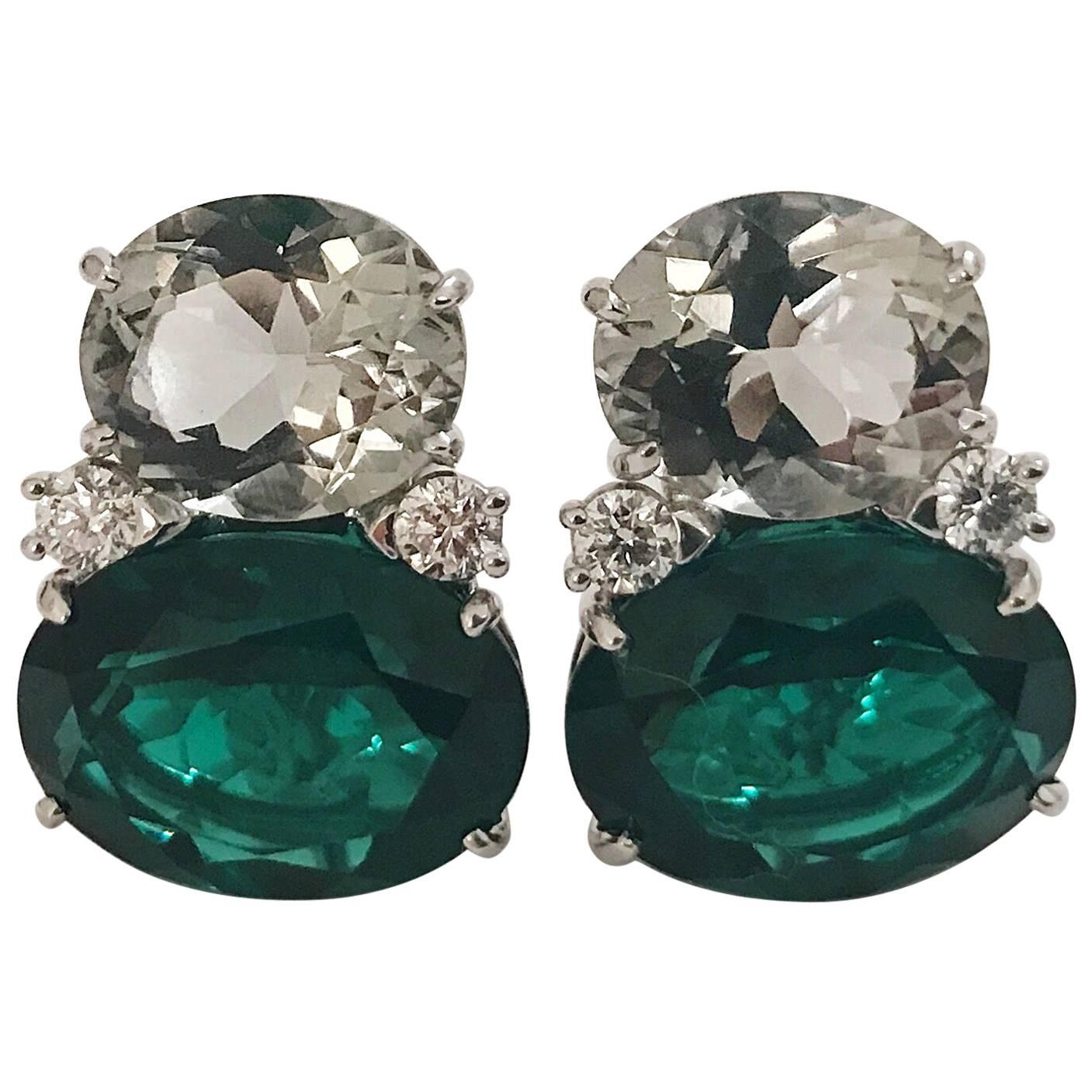 Large GUM DROP Green Amethyst and Green Topaz and  Diamond Earrings