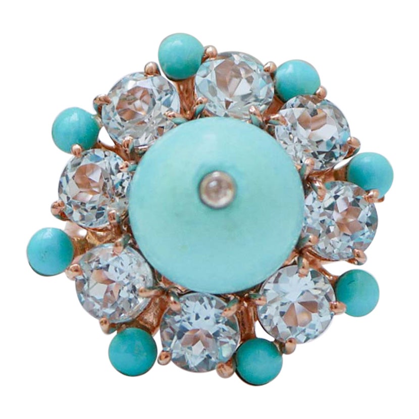 Aquamarine Colour Topazs, Diamonds, Turquoise, 14 Kt Rose Gold and Silver Ring