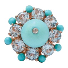 Bague en or rose 14 carats, topaze de couleur aigue-marine, diamants, turquoise