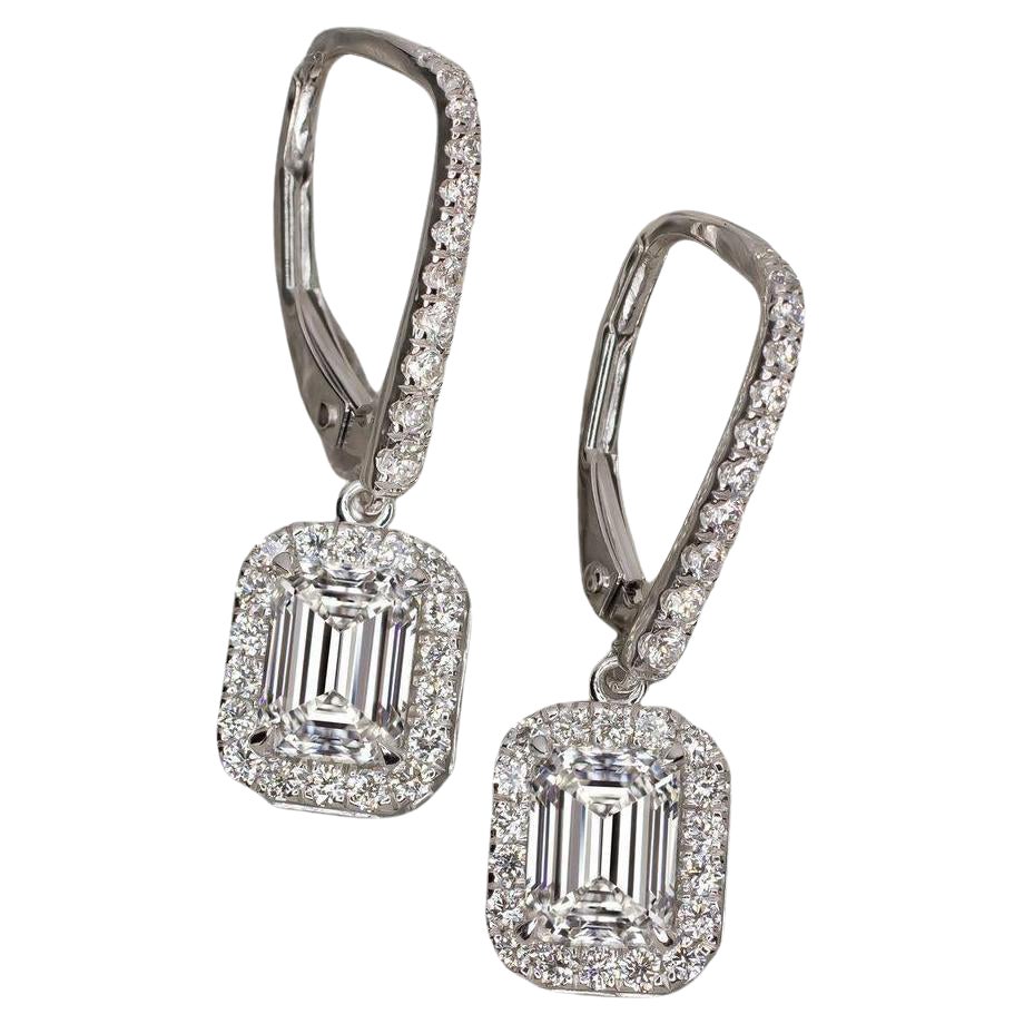 GIA Certified 2.02 Carat Emerald Cut VS2 Clarity G Color Dangle Drop Earrings
