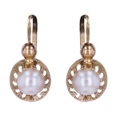 Boucles d'oreilles en or jaune 18 carats avec perles de culture françaises du 20ème siècle