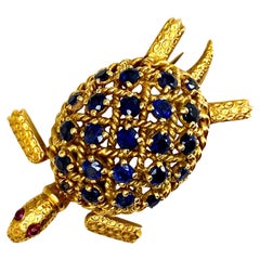 Vintage Cartier Turtle Brooch, Ruby Sapphire, 18K Yellow Gold, Made in France