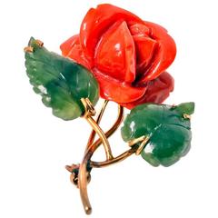 Antique Carved Coral Jade Nephrite Leaves Gold Flower Pin