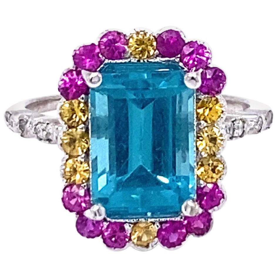 4.62 Carat Apatite Sapphire Diamond White Gold Cocktail Ring