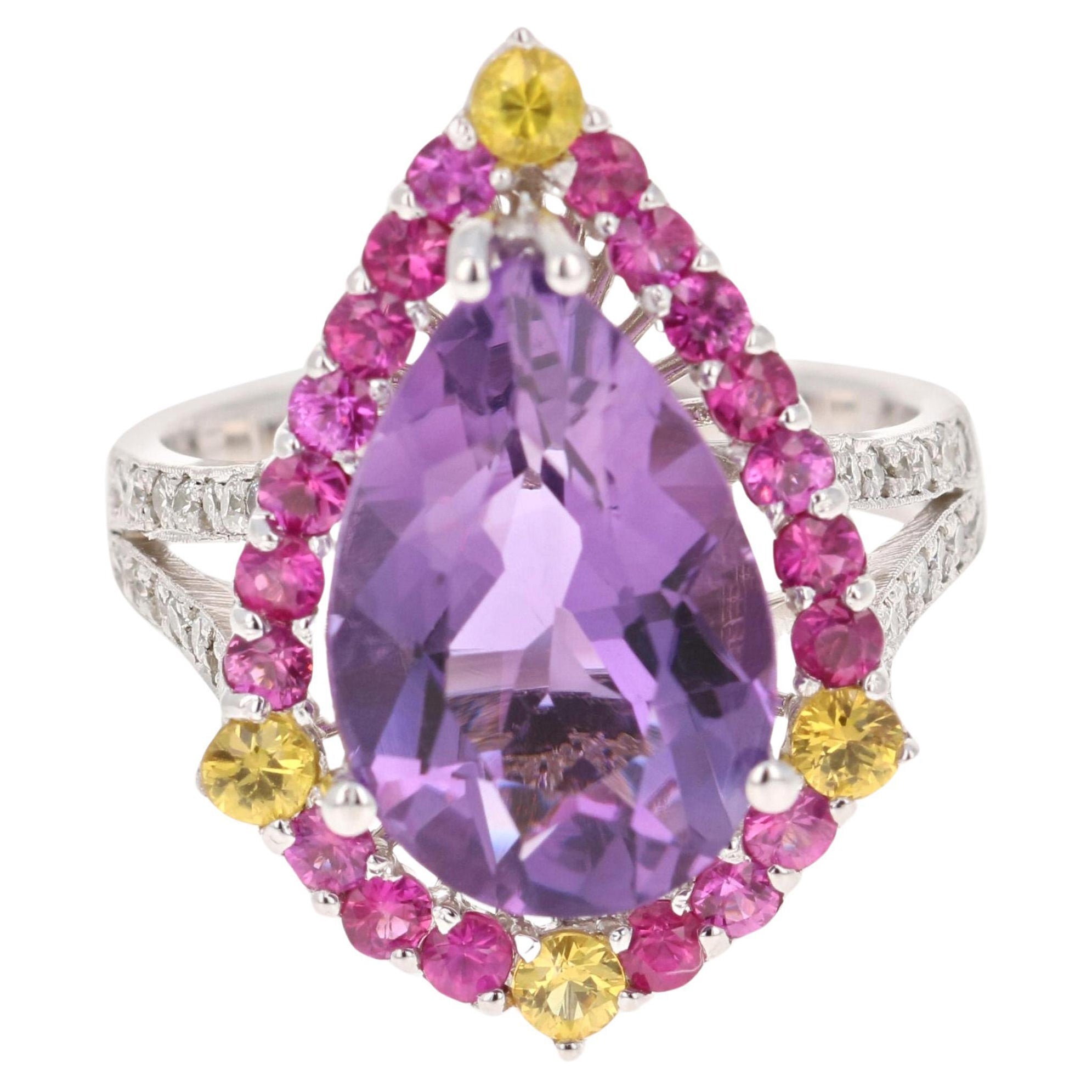 Amatista Zafiro Rosa Diamante Oro Blanco Anillo de Cóctel
