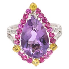 Amatista Zafiro Rosa Diamante Oro Blanco Anillo de Cóctel