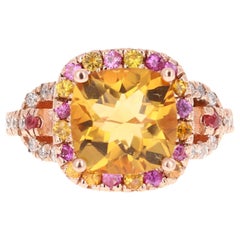 Anillo de oro rosa de 14 quilates con citrino talla cojín de 5,10 quilates, zafiro rosa y diamante