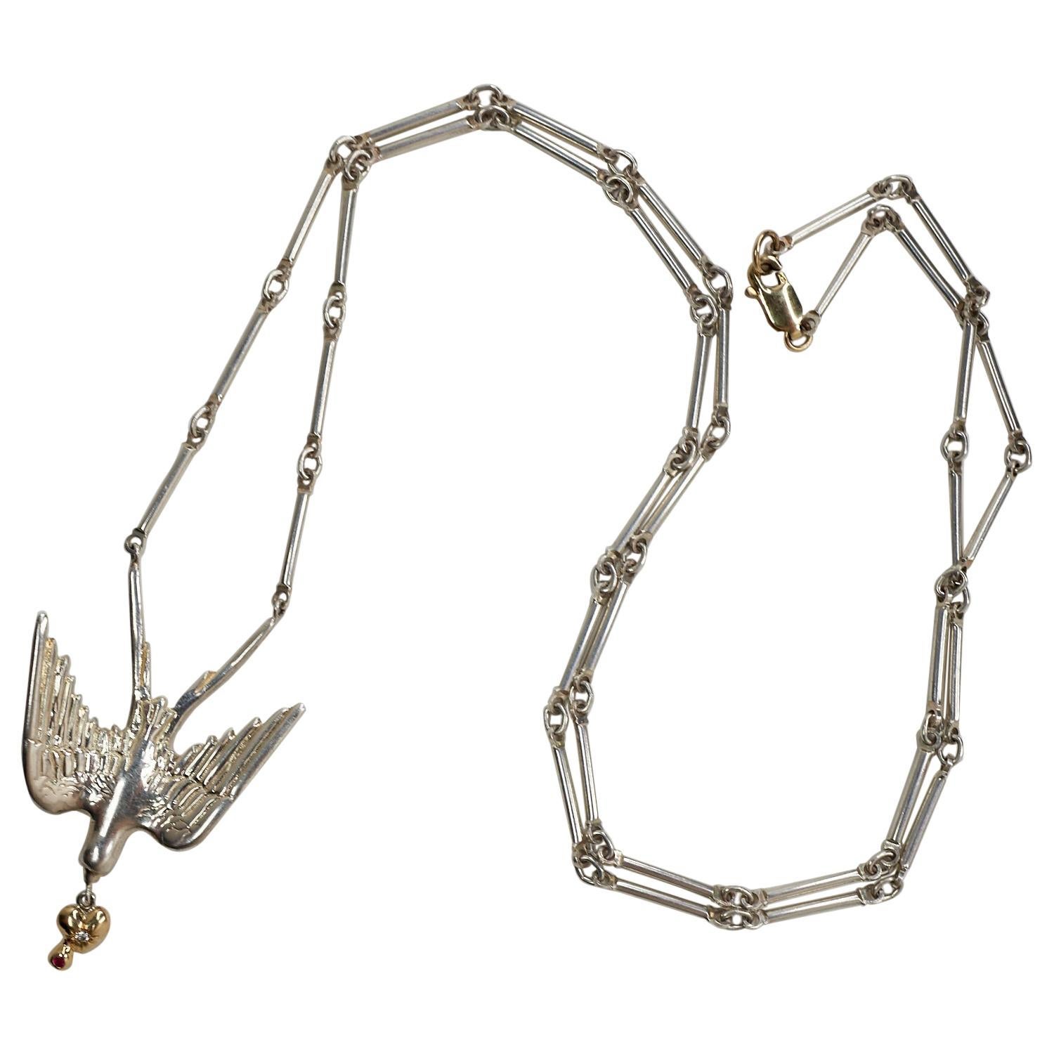 Dove Necklace  Chain White Diamond Ruby Gold Heart Silver