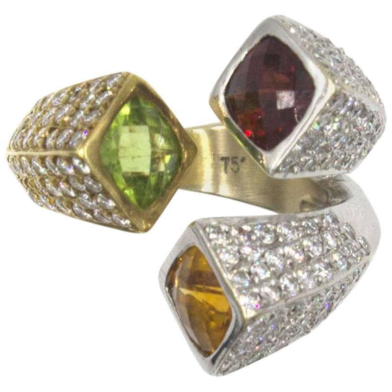 Vintage Diamond Citrine Garnet Peridot 18 Karat Two-Tone Gold Fashion Ring