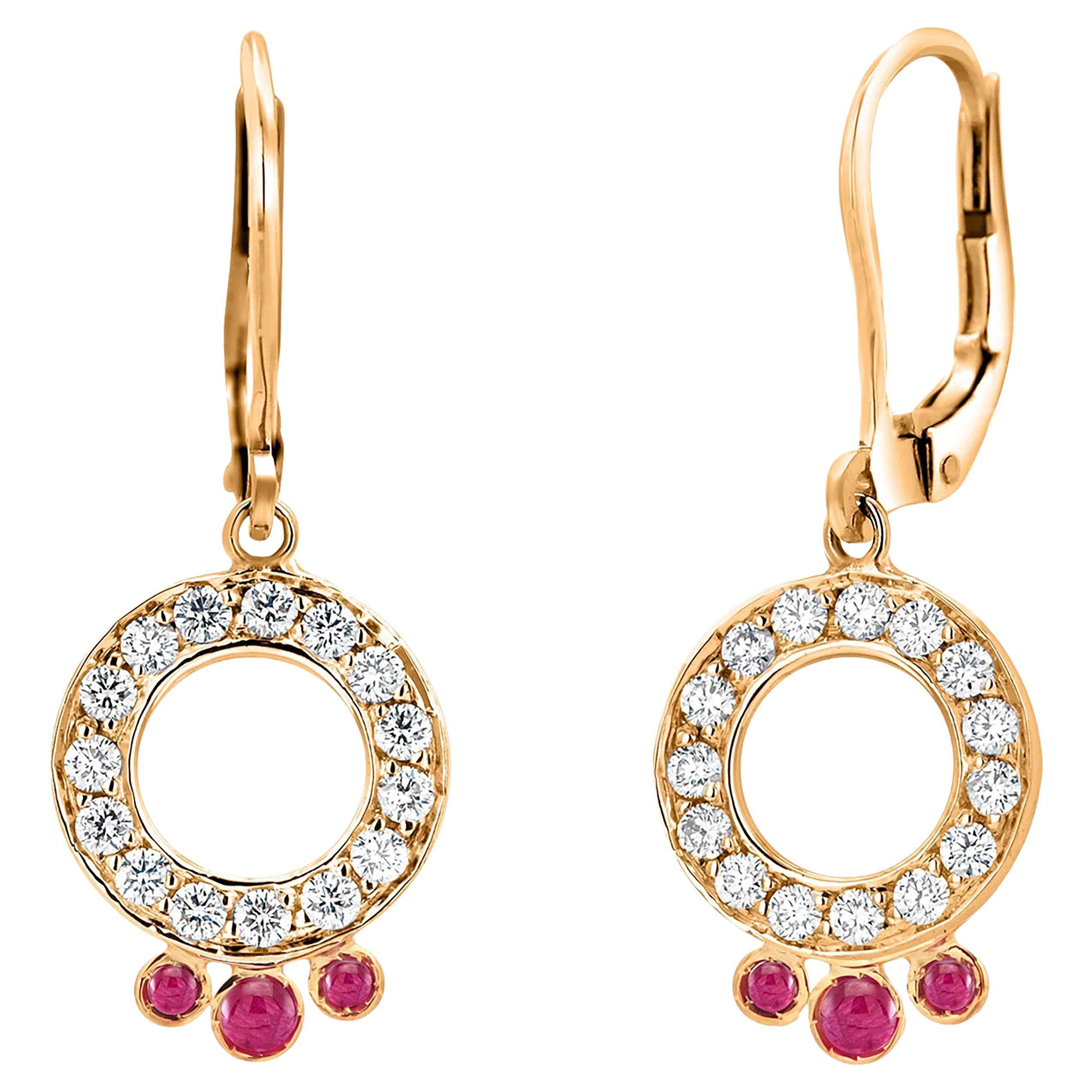 Circle Diamond 0.50 Inch with Rubies Dangles Leverback Hoop 14K Gold Earrings For Sale