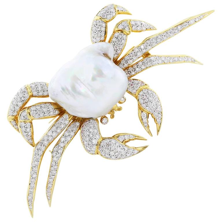 Mississippi Mud Pearl Diamond Crab Pin at 1stDibs | crab pearl for sale