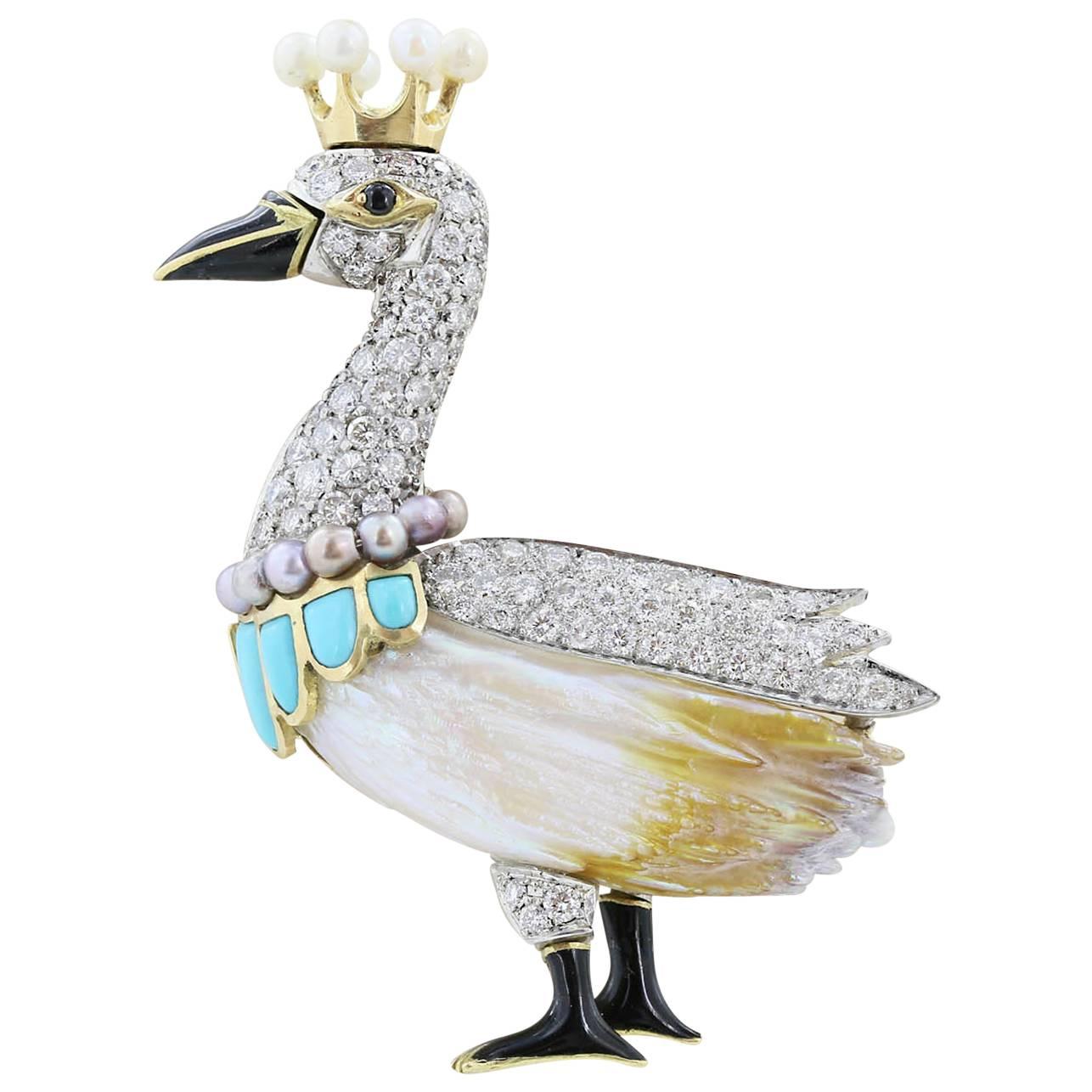 Diamond Pearl Turquoise Swan Pin For Sale