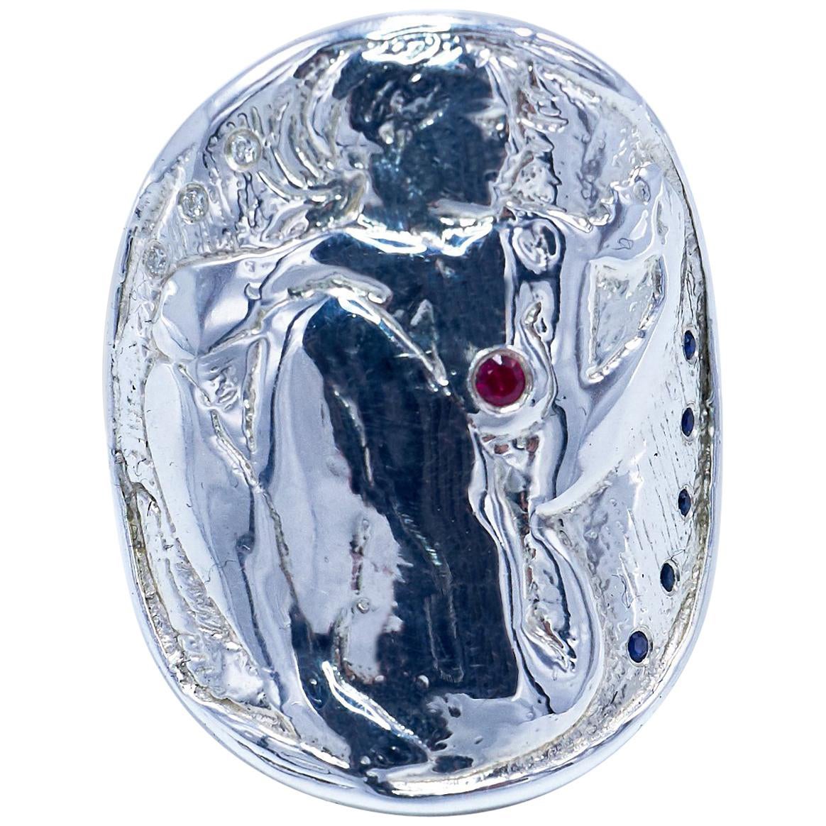 Anillo Cóctel Medalla Moneda Plata Mujer Blanco Diamante Rubí