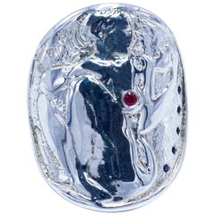 Bague cocktail médaillon argent femme diamant blanc rubis