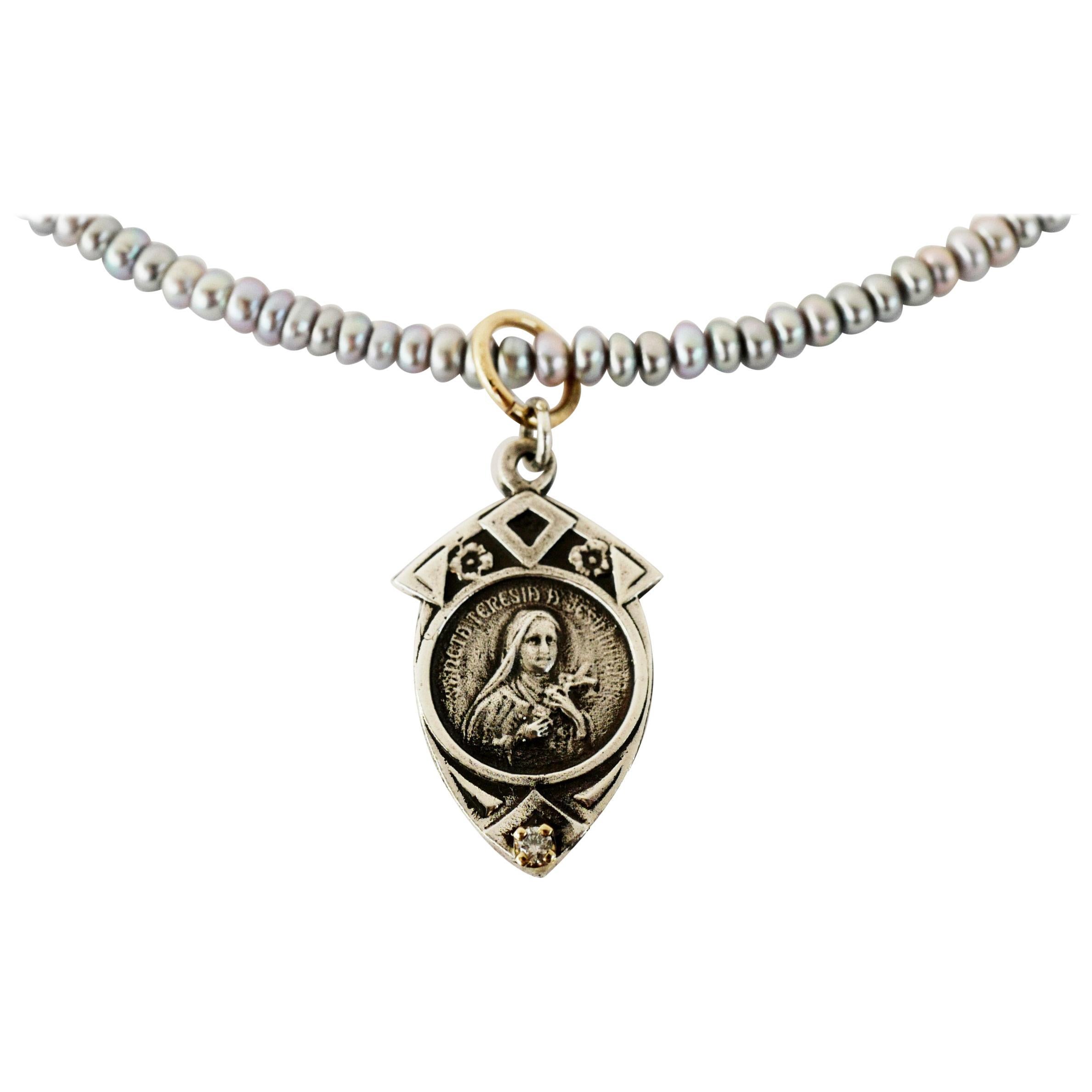 Medal Virgin Mary Necklace Silver Pearl Turquoise