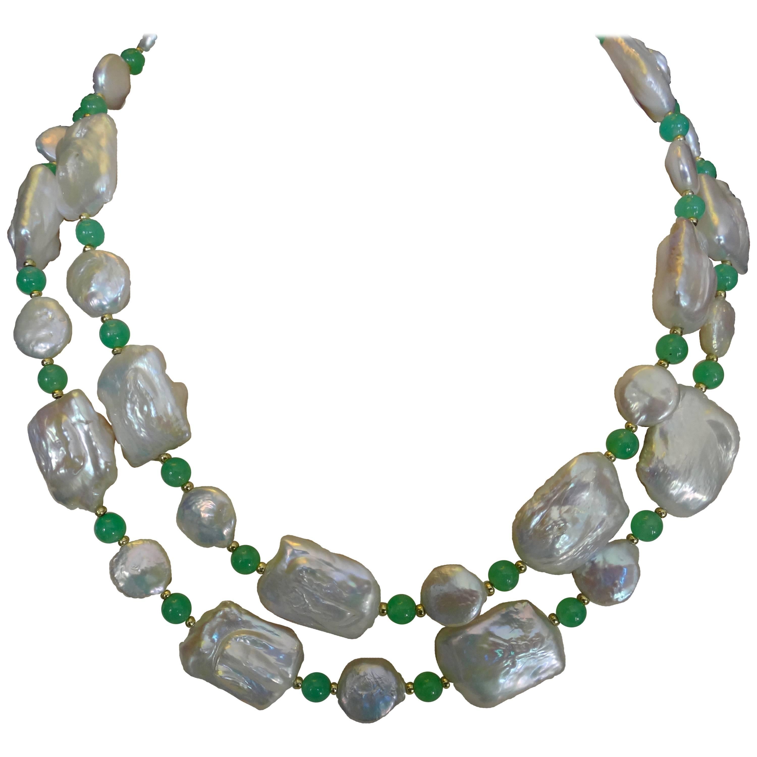 Michael Kneebone Tile Pearl Coin Pearl Chrysoprase Long Necklace For Sale