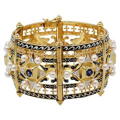 Renaissance Revival  Diamond Sapphire Pearl Gold Cuff Bangle