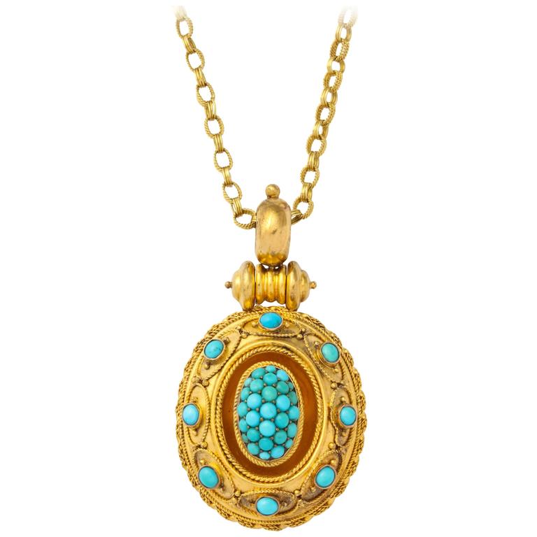 Antique English Victorian Turquoise Gold Locket at 1stDibs