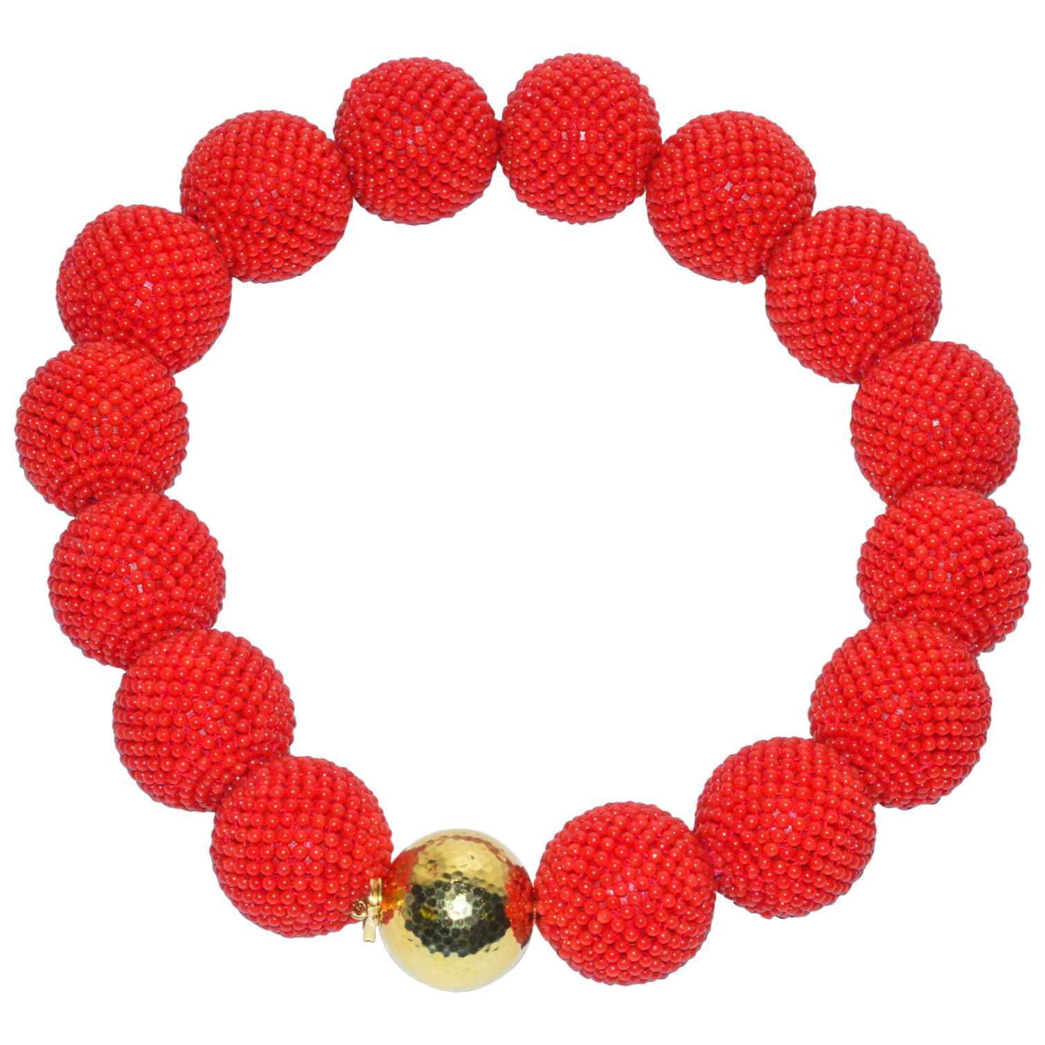 Enormous Valentin Magro Woven Coral Gold Bead Necklace For Sale