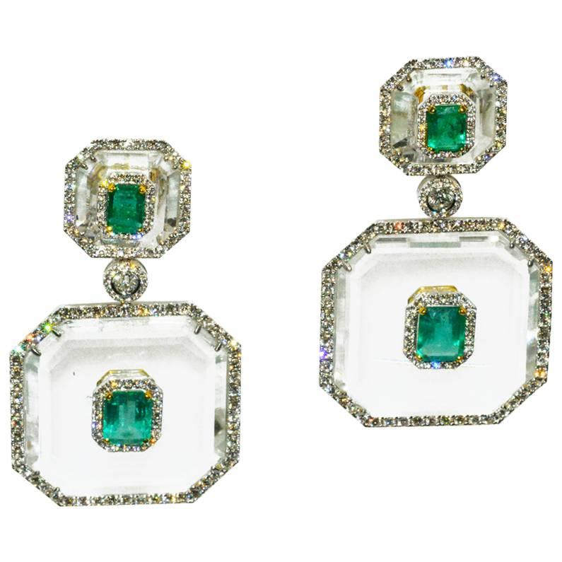 Magnificent Large Rock Crystal Diamond and Emerald Earrings