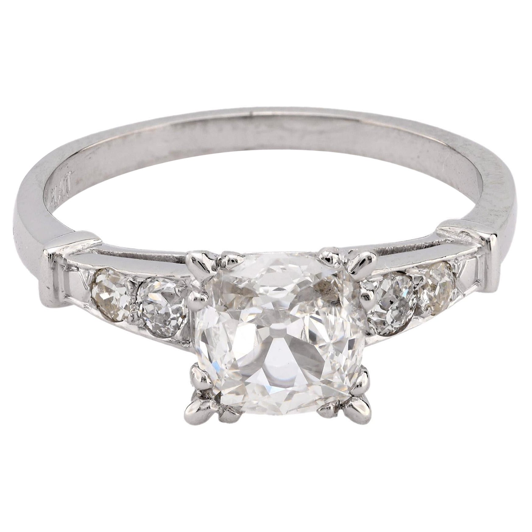 Art Deco 1.02 carat cushion cut diamond platinum engagement ring