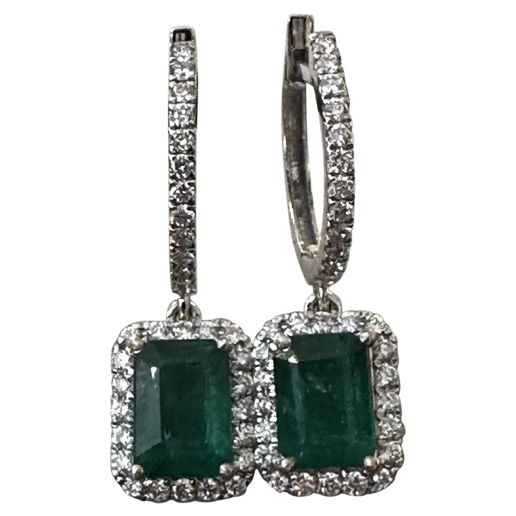 Natural Emerald and Diamond Drop Earrings in 18k White Gold