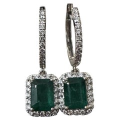 Natural Emerald and Diamond Drop Earrings in 18k White Gold