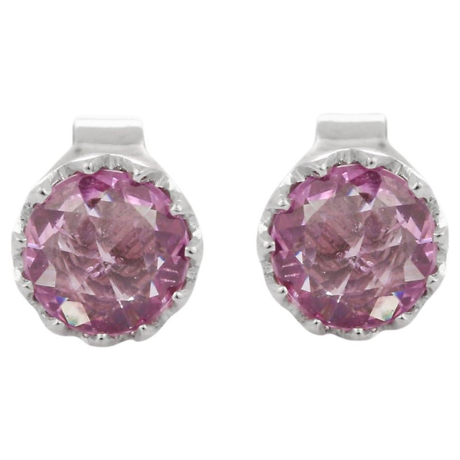 Round Cut Natural Pink Sapphire Stud Earrings in 18K White Gold