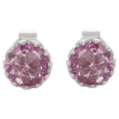 Round Cut Natural Pink Sapphire Stud Earrings in 18K White Gold