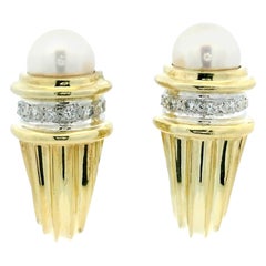 David Yurman Pearl Diamond Clip Earrings 14 Karat Yellow & White Gold